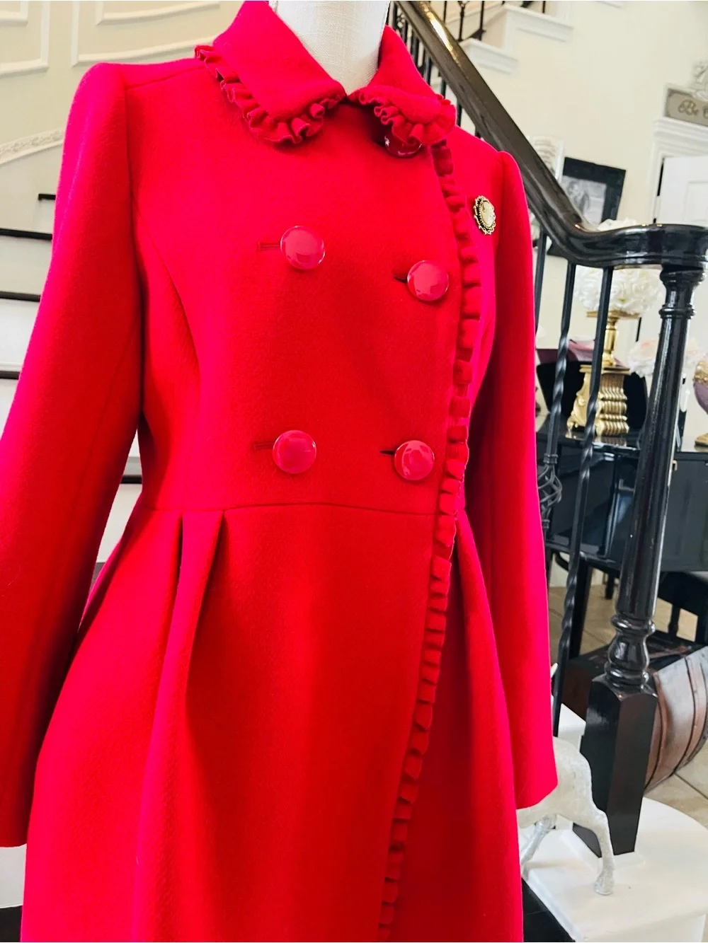 Kate Spade New York RUFFLE TRIM BOW BACK COAT IN CHARM RED